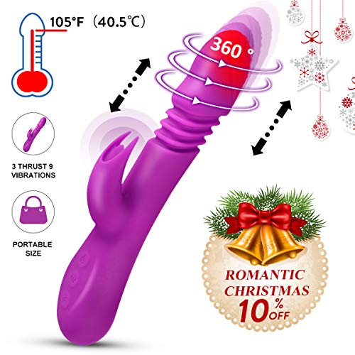 Thrusting Dildo Rabbit Vibrator with 3 Powerful Thrusting Intensities 9 Vibration Modes Heating for G-Spot Clit Stimulation, Fovel Bunny Vibrator Personal Sex Toy for Women, Rechargeable Purple