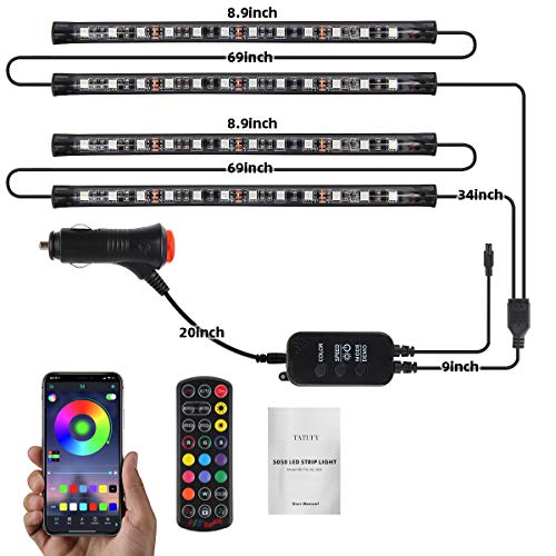TATUFY Car LED Strip Lights, 4pcs 48 LED DC 12V Interior Car Lights Bluetooth App Control Lighting Kits Multi Color Music Car Strip Lights with Sound Active Function for Smart Phone