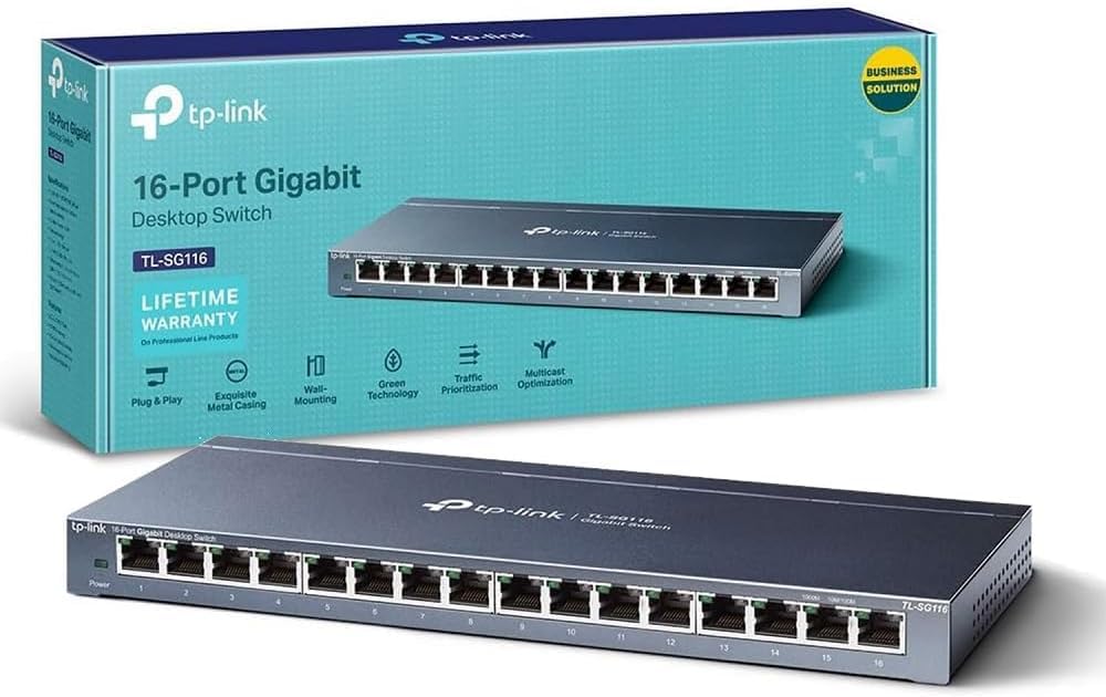 TP-Link TL-SG116 16-Port Desktop Gigabit Network Switch, Green Power-Saving Ethernet Splitter, Support 802.1p/DSCP QoS and IGMP Snooping Function, Wall-Mounting Design, Plug & Play