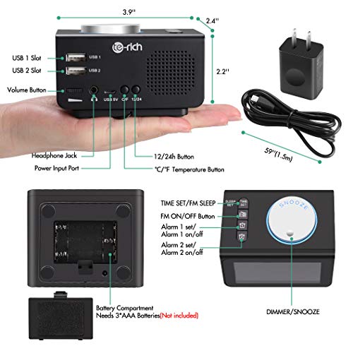Small Digital Alarm Clock Radio - Dual Alarm, 7 Wake-up Sounds, Display Dimmer, 2 USB Charger, Sleep Timer, Easy to Set, Thermometer, FM Radio Clock w/Battery Backup for Bedrooms, Office, Desk, Travel - Thumbnail 6