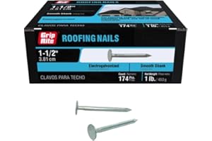 Grip-Rite 112EGRFG1, 1-1/2" Electro-Galvanized Roofing Nails, 1 lb Pack, Rust-Resistant and Durable