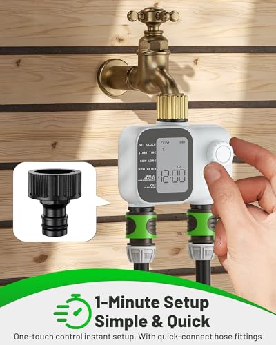 [2026 All-New] Water Timer 2 Zones, Unistyle Hose Timer 2 Outlets for Sprinkler Irrigation, Brass Inlet, Easy to Set up, Precise Control, Auto/Manual/Delay Modes for Garden Watering