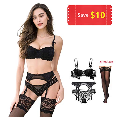 Women Push Up Bras Set Lace Lingerie Bra and Panties and Garter and Stocking 4pcs (V701, Black, 34D)