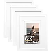 KINLINK 8x10 Picture Frame White, Solid Wood Frames with Acrylic Plexiglass for Pictures 4x6/5x7 with Mat or 8x10 without Mat, Tabletop and Wall Display, Set of 4