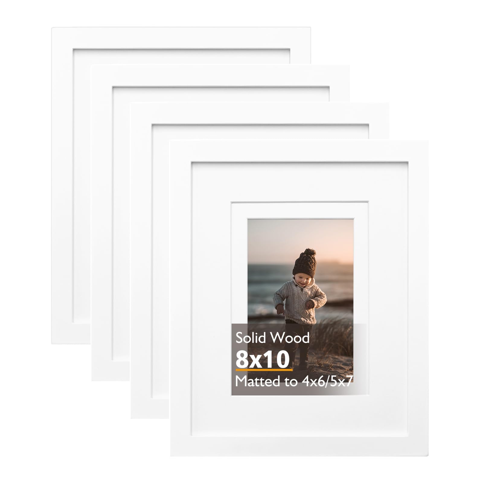 KINLINK 10x8 Picture Frames White, Wood Frames with Acrylic Plexiglass for Pictures 6x4/7x5 with Mat or 10x8 without Mat, Tabletop and Wall Mounting Display, Set of 4