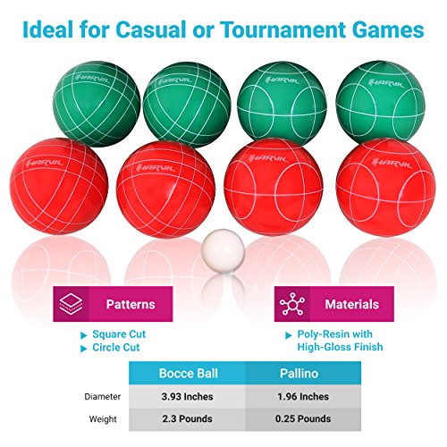 Harvil 100mm Bocce Ball Set. Includes 8 Poly-Resin Balls, 1 Pallino, 1 Nylon Zip-Up Carrying Case and Measuring Rope.