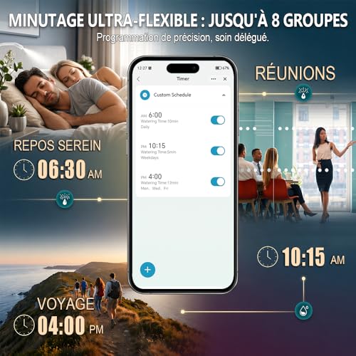 Programmateur d’arrosage WiFi 2 Zones, minuteur d’Eau Solaire Rechargeable à Double Sortie, raccords en Laiton, sans hub, app Smart Life, Compatible Alexa et Google Assistant