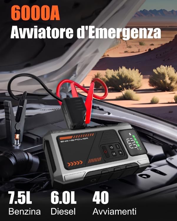 Booster Avviamento Auto con Compressore d'aria Avviatore Emergenza per Auto da 6000A (10L Benzina/8.5L di Gasolio) 12V con 3 Modalità Torcia Avviatore Batteria Portatile