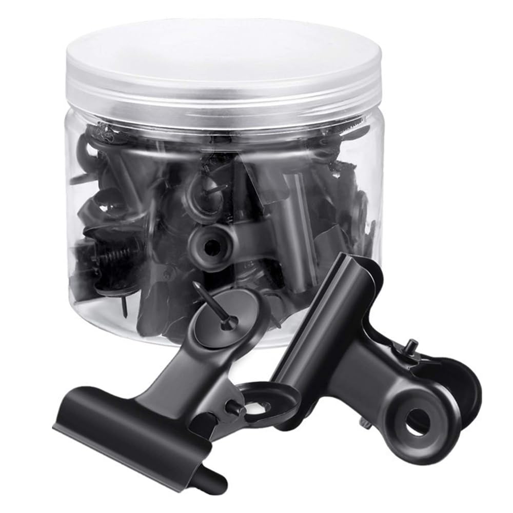 TopHomer 30pcs Black Metal Bulldog Clips with Thumbtacks, Heavy Duty Pushpin Paper Clips Binder Clamps for Cork Boards, Bulletin Boards, Photo Walls, Arts Projects