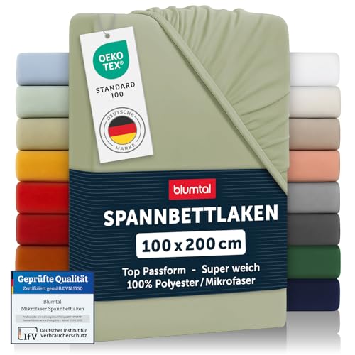 Blumtal® 2er Set Spannbettlaken 100x200x30cm aus Microfaser - Oekotex zertifiziertes Bettlaken Spannbettlaken in Light Olive Green - Grün