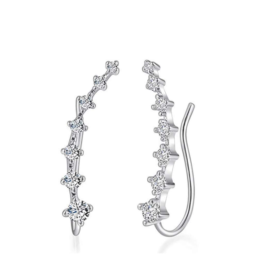 VOARGE Ear Crawler Earrings, Women's Ear Cuff 925 Silver with 7 Zirconia Rhinestone Crystal Stones Ear Cuff Climber Ear Cuff Earrings Stud Long