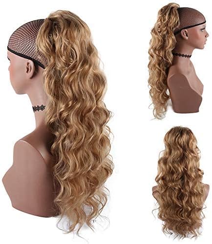 KRSI24Inch Brown Drawstring Ponytail Extension Body Wave Ponytail Hair Extension Synthetic Loose Wave Ponytail Hair Pieces for Women(Brown mix Gold)