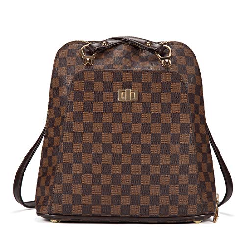 Checkered Fashion Leather Backpack Travel bag for Women Teen (Checkered Backpack Brown 190620)