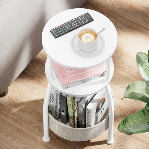 Yuede Round Side Table, 3 Tier Bedside Table, Small End Table with Fabric Basket, Coffee Table for Living Room, Bed Room, Small Space, Easy Assembly (White)