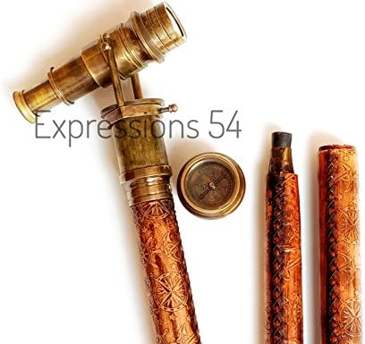 Expressions Enterprises Wooden Walking Stick Leather Stitched Handcrafted Strong Wooden Walking Stick Compass Handle With Hidden Spyglass For Bird Watching Walking Stick Canes With Telescope