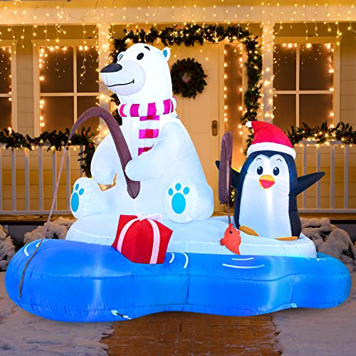 Joiedomi 6 FT Long Christmas Inflatable Polar Bear Fishing with Penguin, Blow Up Yard Decoration