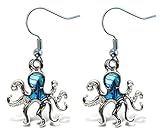 Puzzled Blue Octopus Fish Hook Earrings, 1.35 Inch Fashionable Sparkling Genuine Paua Shell Drop Earring for Casual Formal Attire Accessory Unique Gift Ocean Life Themed Silver Fashion Accessories