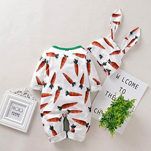 Xmiral Baby jongens meisjes cartoon wortelprint jumpsuit + konijnenoren hoed outfit - Image 4
