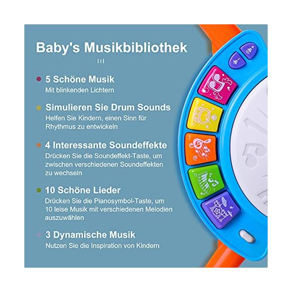 Kids Drum Set, Rabing Electric Musical Instruments Toys with 2 Drum Sticks, Beats Flash Light and Adjustable Microphone…