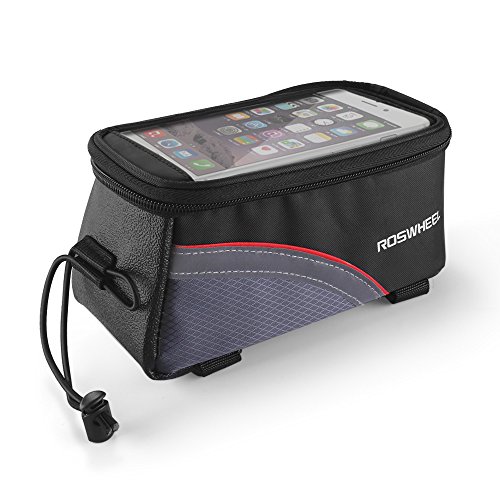 Flexzion Bike Top Tube Phone Bag – Waterproof Bicycle Cycling Handlebar Mobile Pouch Holder with Headphone Jack Clear Touch Screen 5.7″ Size, Quick Release, Reflective Strips for iPhone GPS MP3 Black