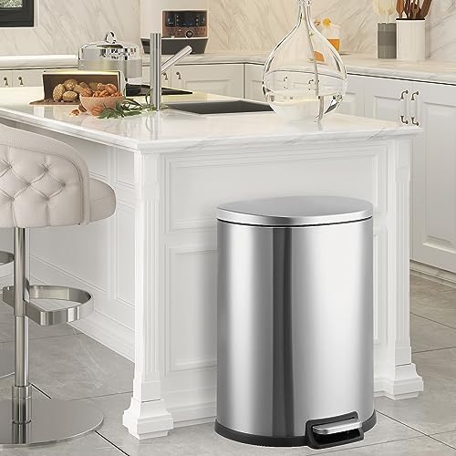 Garvee 50 Liter Stainless Steel Kitchen Trash Can with Step Pedal & Soft Close Lid, Fingerprint-Proof Oval Garbage Bin with Removable Inner Bucket for Home Kitchen Office