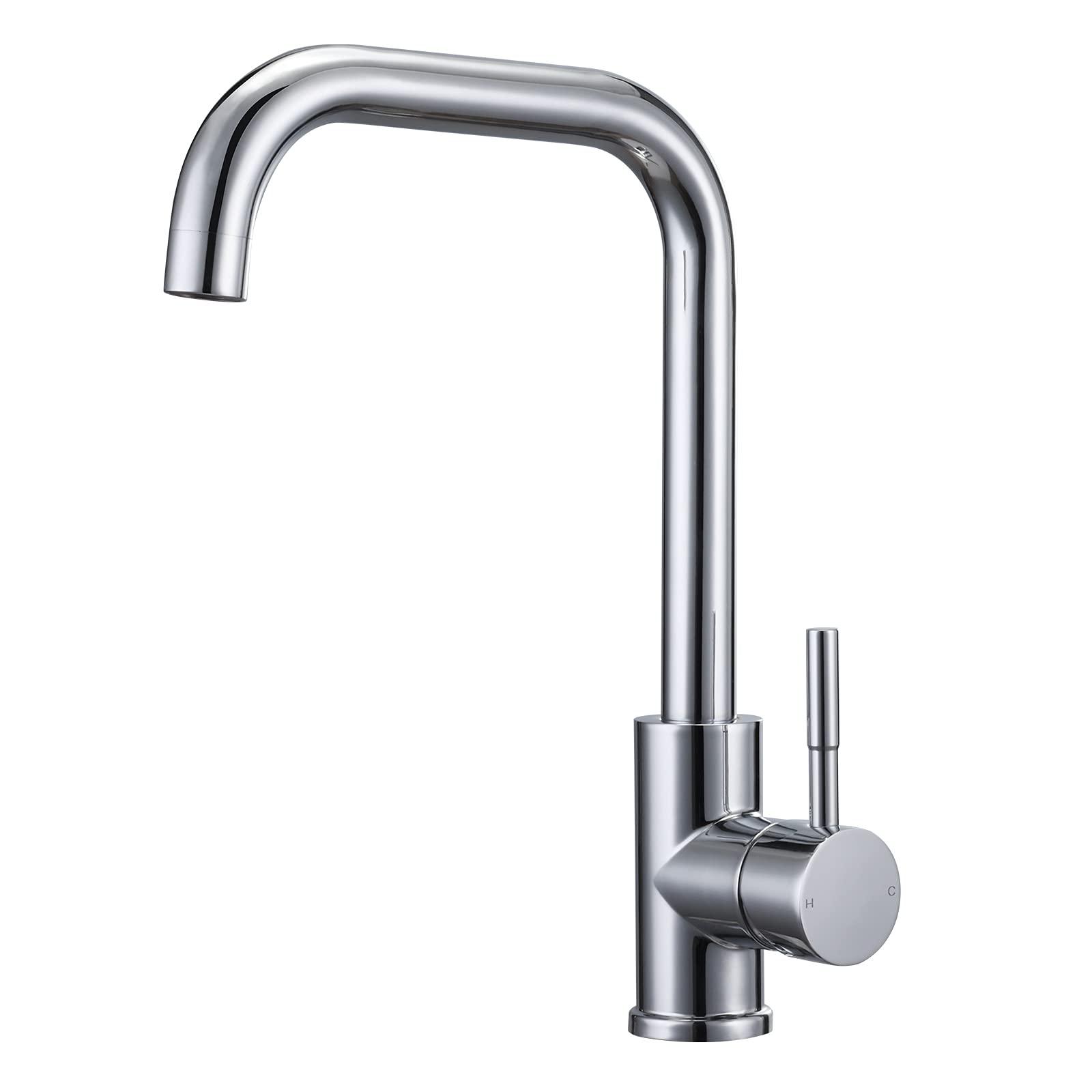 Kitchen Sink Mixer Tap Monobloc Single Lever Kitchen Tap 1 Hole with 360° Swivel Spout, L-Shaped Mono Sink Faucet with Hot and Cold Hoses, Chrome