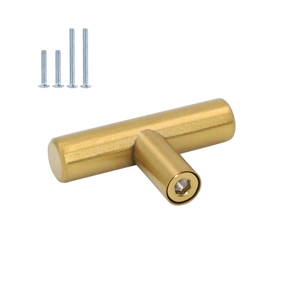 Goldenwarm 5pcs Brass Cupboard Door Knobs - Brushed Brass Single Bar Cabinet Cupboard Drawer Door Handle Pull Knob for Furniture Kitchen Hardware, Overall Length 50mm — image 1