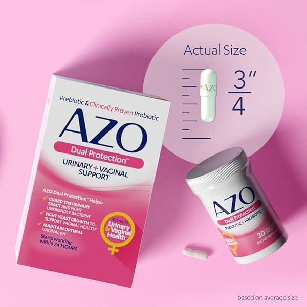 AZO DUAL PROTECTION, URINARY + VAGINAL SUPPORT, PREBIOTICS AND PROBIOTICS FOR WOMEN*, STARTS WORKING WITHIN 24 HOURS, NON-GMO, 30 COUNT