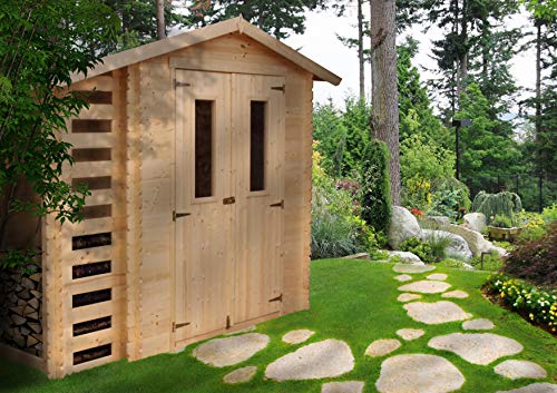 TIMBELA M386C ABRI de Jardin en Bois Exterieur - Chalet en Pin/d'épicéa + Bucher- H215 x 256 x 200 cm, 3.53 m²+ 168 x 56 cm, 0.97 m²