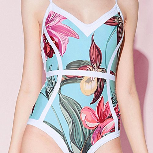 CieKen Women's Leaves Floral Printing High Waist Halter Neck Backless Monokini Padding One-Pieces Swimsuit (Blue -1, M)