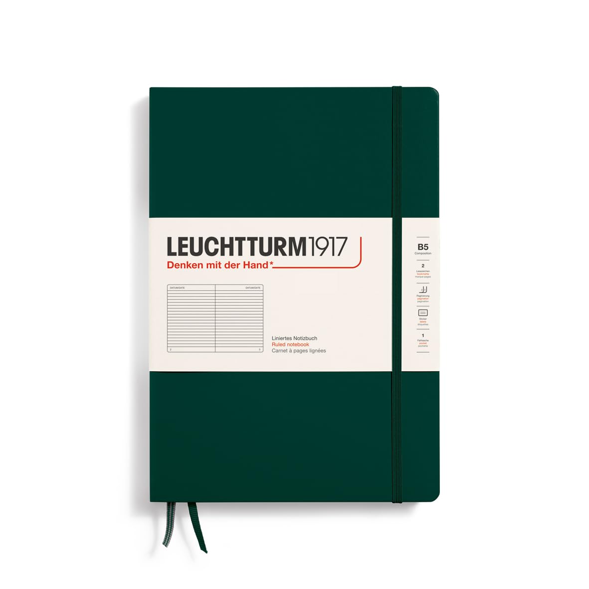 LEUCHTTURM1917 370280 Notebook Composition (B5), Hardcover, 219 Numbered Pages, Forest Green, Lined
