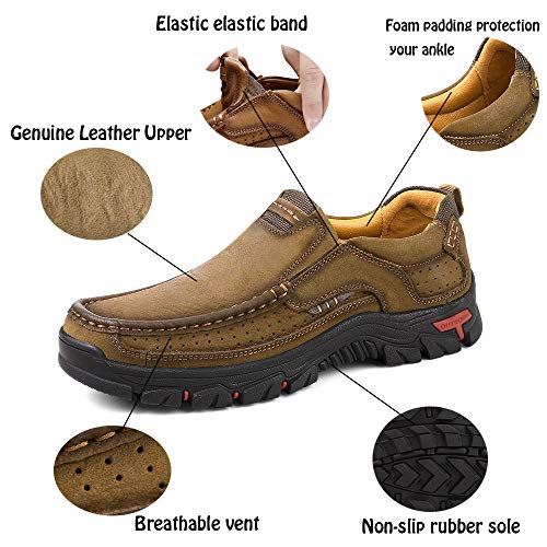 VENSHINE Mens Walking Shoes Leather Lightweight Breathable Casual Slip On Loafers Khaki Apparel