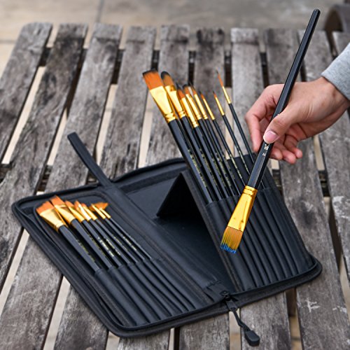 Art Paint Brush Set, UnityStar 15 PCS LONG HANDLE Artist Brushes with Carrying Case & Pop-up Stand for Acrylic Watercolor Oil Paint Face Painting