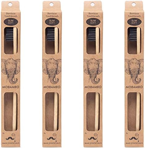 Mobambo Slim Soft Pack of 4 Bamboo Toothbrush Charcoal Bristles