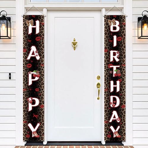 Cheetah Cherry Birthday Party Decorations, Red Leopard Print Happy Birthday Banner, Safari Animal Door Wall Hanging Signs, Girls Women Party Supplies Photo Backdrop Decor