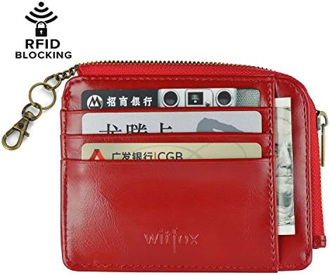 Womens RFID Leather Zipper Small Card Case Slim Wallet With Key Chain ID Window ( Red )