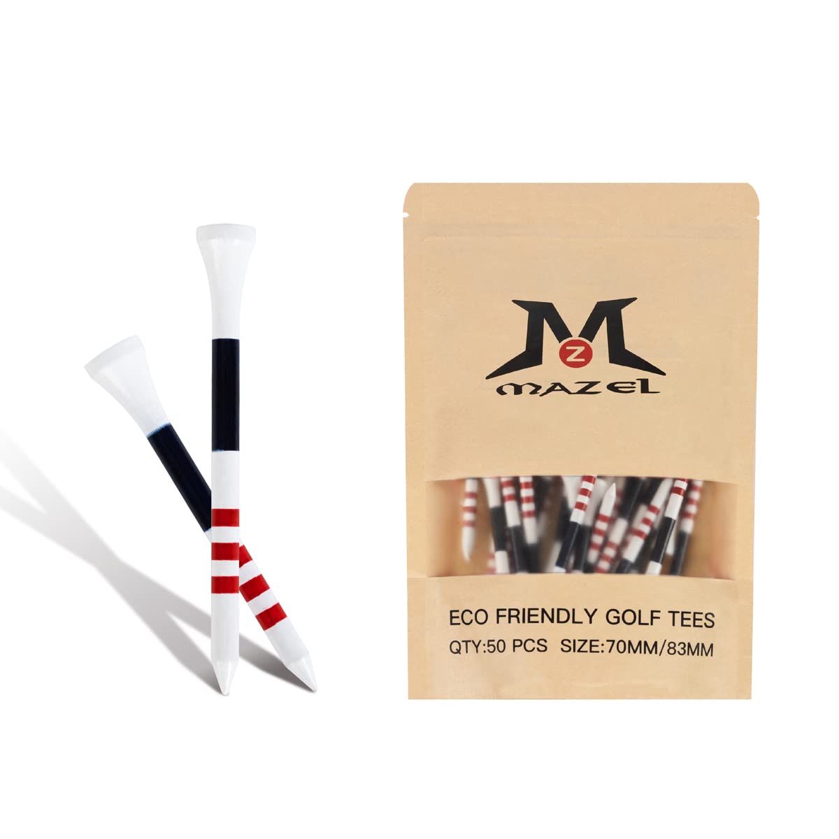 MAZEL 120/50 Counts Bamboo Golf Tees 2 3/4"&3 1/4" Mixed Size,Professional Low Resistance Wooden Golfing Tees (Navy&Red)