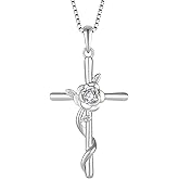 Rocayi Cross Necklace for Women 925 Sterling Silver Rose Flower Birthstone Pendant Crucifix Faith Religion Necklace Created Gemstone Jewelry Gifts for Women Wife Girlfriend Mother Daughter Her