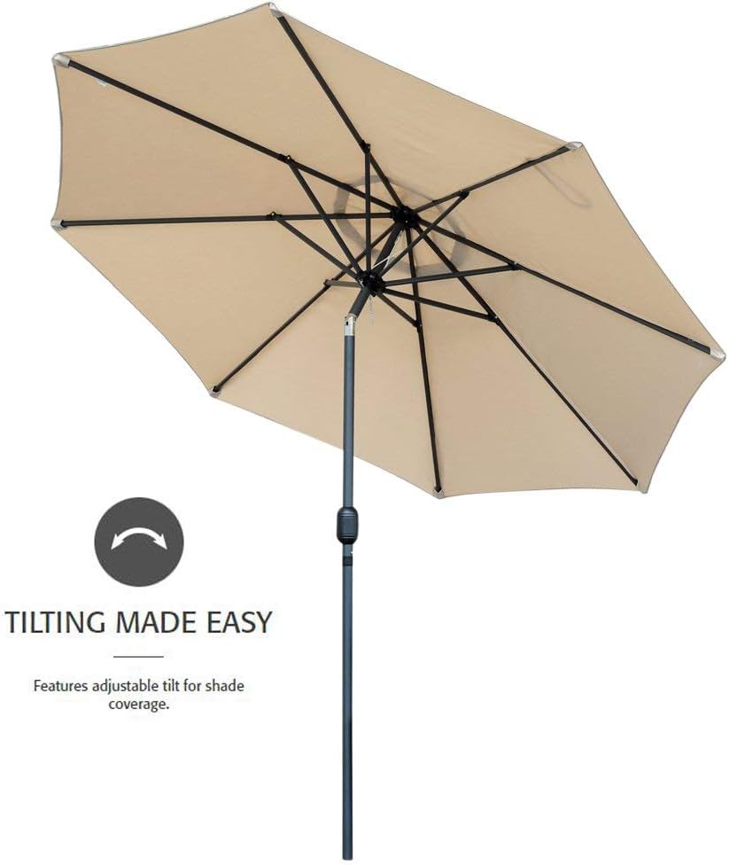 Snail 9 Foot Push Button Tilting Outdoor Aluminum Patio Umbrella with 8 Sturdy Ribs | Crank Lift Pool Market Umbrella for Garden, Deck, Backyard, Beige