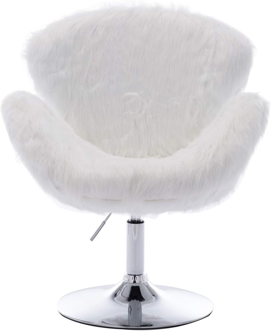 chairus Faux Fur Accent Chair, Height Adjustable Plush Vanity Stool for Bedroom, Shaggy Dog White Shell Chair for Dorm/Living Room