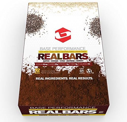 BASE Performance REAL BAR Box of 12 - Fudge Brownie Flavor | Gluten Free, Soy Free, GMO Free, and Dairy Free - Contains Cocoa, Chia, Dates, Quinoa, Honey and many other natural ingredients