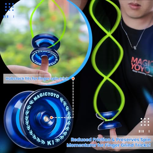 MAGICYOYO Responsive Yoyo K1 Tug Return Yo yo, Hubstacks Yo-yo for Kids Beginners Dual Purpose Yo Yo with Unresponsive Bearing, Storage Bag + 12 Strings +Yo-Yo Glove +2 Yo yo Hubstacks (Dark Blue)