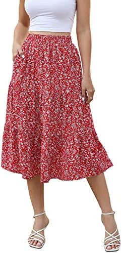 Lyrur Women's Floral Midi Skirt with Pockets High Elastic Waist