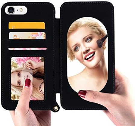 iPhone 7 Case, AUYOUWEI Wallet Soft TPU Flexible Case with [Card Holder] [Kickstand ] [Mirror Makeup] [Strap] [Magnetic Folio Flip] Shockproof Protective Cover for iPhone 7 (Black)