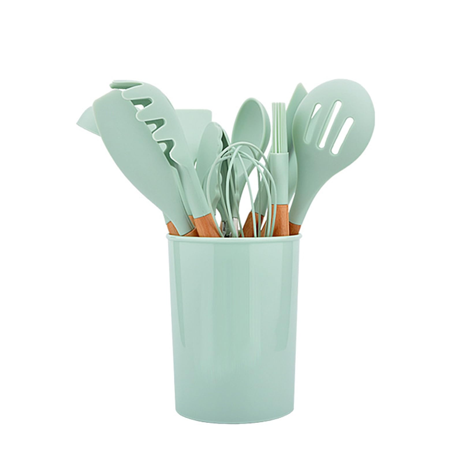 Wooden Handle Silicone Kitchenware Set 12PCS Baking Tools Non-Stick Pan with Storage Bucket Kitchen Utensils Set Light Green
