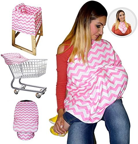Nursing Breastfeeding Cover / Scarf + Baby Car Seat Cover / Canopy + Shopping Cart / Stroller Cover + High Chair Cover for Infant Girls and Boys. Best 4 in 1 Multi Use Stretchy Covers (Pink Chevron)