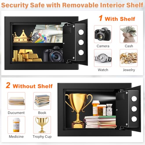 Mejasg Fireproof Safe with Fireproof Money Bag, Small Electric Safe with Removable Shelf and Alarm Mode, Wall Mounted Cash Safe for Jewellery Money Documents Medicines