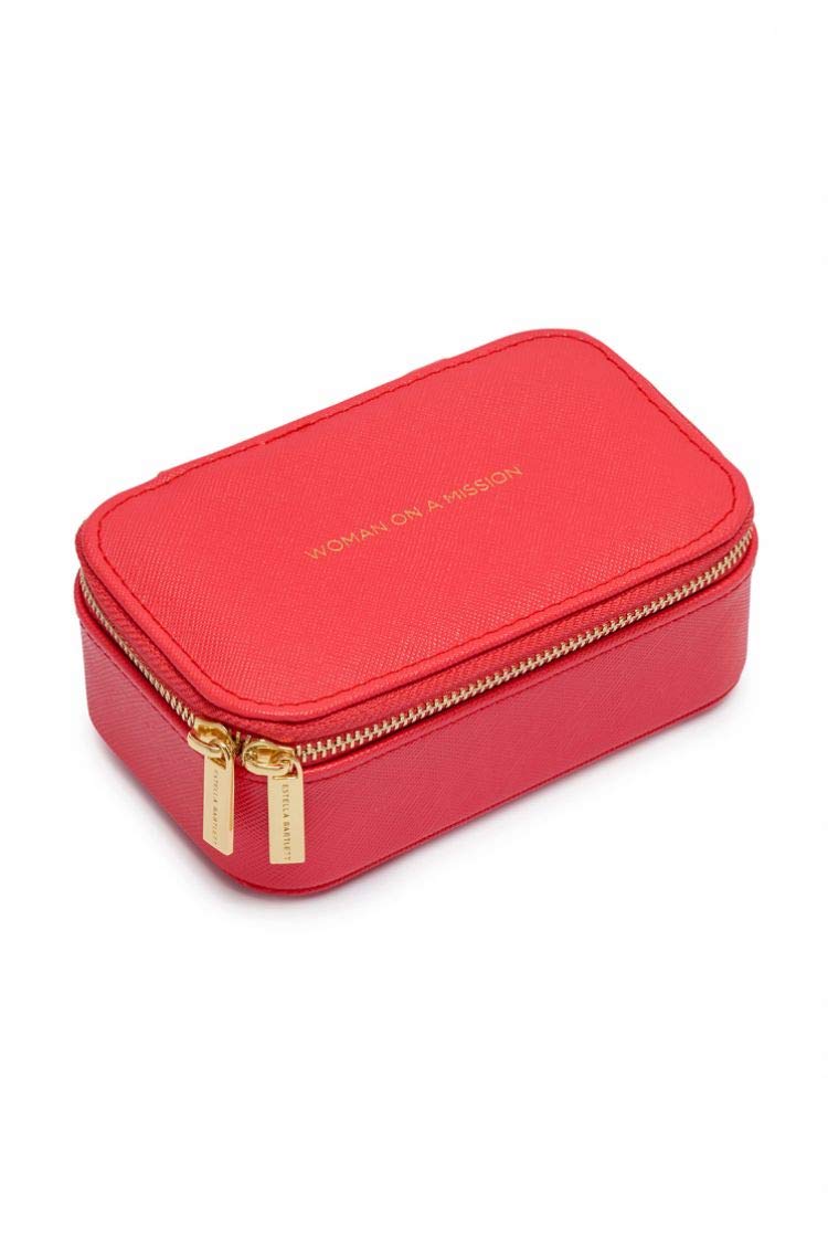 Estella Bartlett Coral Saffiano Faux Leather 'Woman On A Mission' Mini Jewellery Box – Travel Jewellery Case for Women, Compact Zip Storage Organiser for Rings, Earrings & Necklaces, Gift for Her