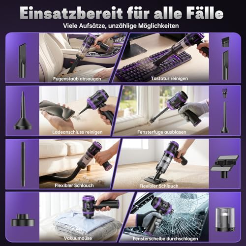 Handstaubsauger Akku 27000Pa mit LED-Display, 5-in-1 Kabelloser Autosauger Stark ,Bürstenloser Motor 220000 RPM,3 Stufen Mini Staubsauger mit HEPA-Filter,12 Zubehör für Auto,PC,Sofa,Tierhaare,Notfall