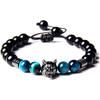 Mens Wolf Head Bracelet – Stainless Steel & Black Genuine Leather Braided Cuff - View #6